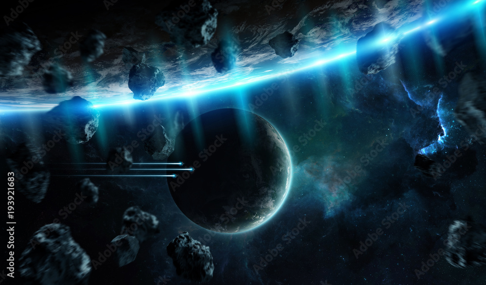 Poster distant planet system in space with exoplanets 3d rendering elements of this image furnished by nasa