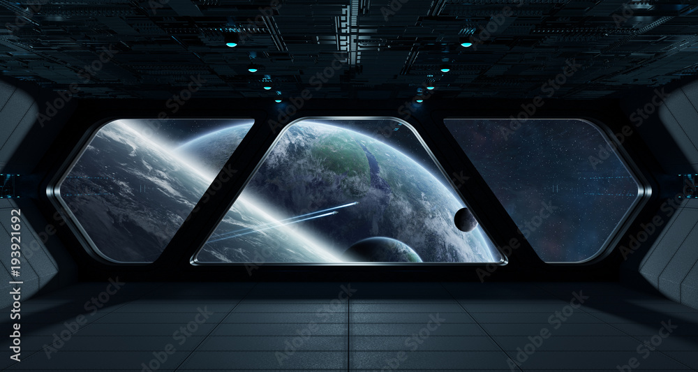 Poster spaceship futuristic interior with view on exoplanet