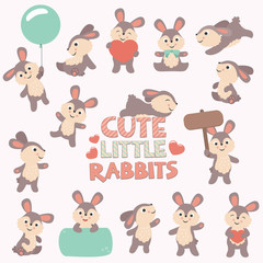 Cute Little Rabbits Easter Spring Collection Flat Vector Illustration Isolated on White