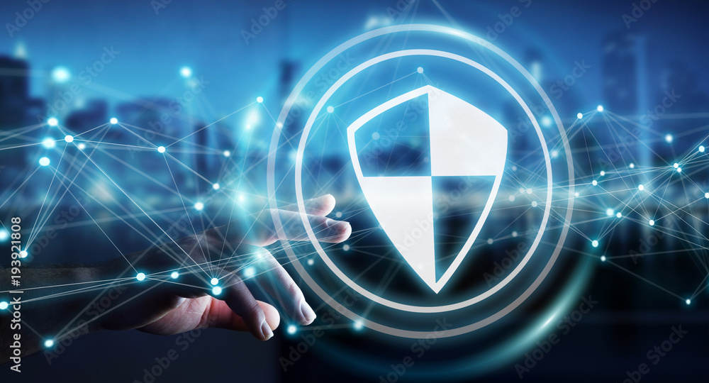 Poster businessman using shield safe protection with connections 3d rendering