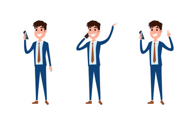 Young businessman character design. Set of guy acting in suit using smartphone ,talking via phone and making selfie in various poses happy emotional. Different emotions and poses.