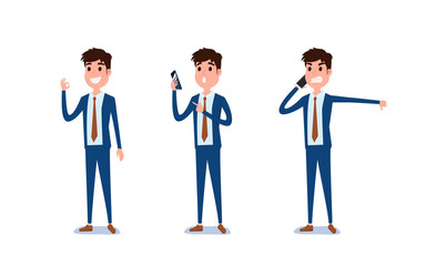 Young businessman character design. Set of guy acting in suit using smartphone ,talking via phone and making selfie in various poses happy emotional. Different emotions and poses.