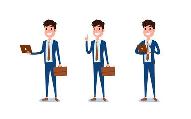 Young businessman character design. Set of guy acting in suit holds laptop, Different emotions, poses and running, walking, standing, sitting.