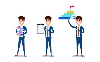 Young businessman character design. Set of guy acting in suit working in office, Different emotions, poses and running, walking, standing, sitting.