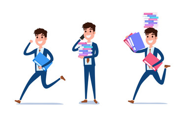 Young businessman character design. Set of guy acting in suit working in office, Different emotions, poses and running, walking, standing, sitting.