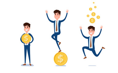 Young businessman character design. Set of guy acting in suit with money, Different emotions, poses and running, walking, standing, sitting.