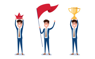 Young businessman character design. Set of guy acting in suit holds crown, flag, trophy of success, Different emotions, poses and running, walking, standing, sitting.