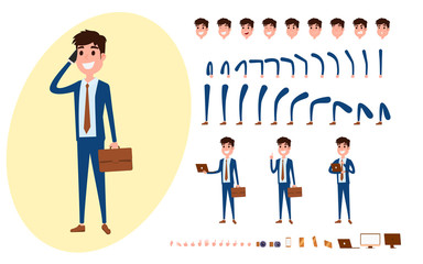 Young Businessman character creation set for animation. Set of guy acting in suit using smartphone. Parts body template. Different emotions, poses and  running, walking, standing, sitting.