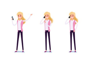 Young businessman character design. Set of business woman acting in suit using smartphone ,talking via phone and making selfie in various poses happy emotional. Different emotions and poses.