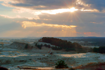 Sand dune. The sand and the grass on the hilly shore of the sea.