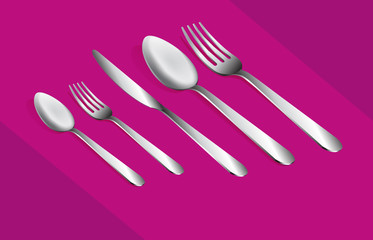 Beautiful realistic set of Cutlery.Fork, spoon and knife. Cutlery set on a pink background.3D Cutlery set.Vector illustration