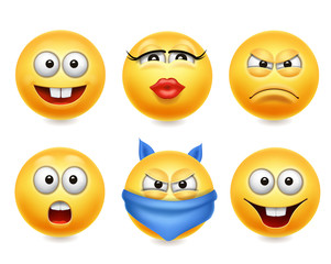 Smiley face icons. Funny faces 3d realistic set. Cute yellow emoji collection