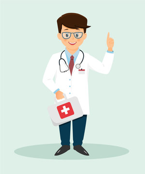 Smiling doctor with hand holding index finger up.Isolated on white background.Vector illustration