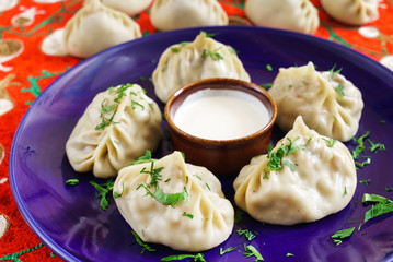 Dumplings, Manti - traditional meat dish of Central Asia, Turkey, Mongolia, Korea.