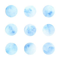 Set of hand painted vector watercolor circle textures isolated on the white background for your design. Blue dots.