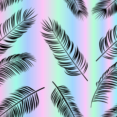 Fototapeta na wymiar Seamless vector pattern with palm leaves on holofraphic background.