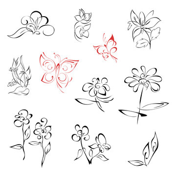flowers 1-1. SET. stylized flowers and two butterflies in lines on a white background. SET