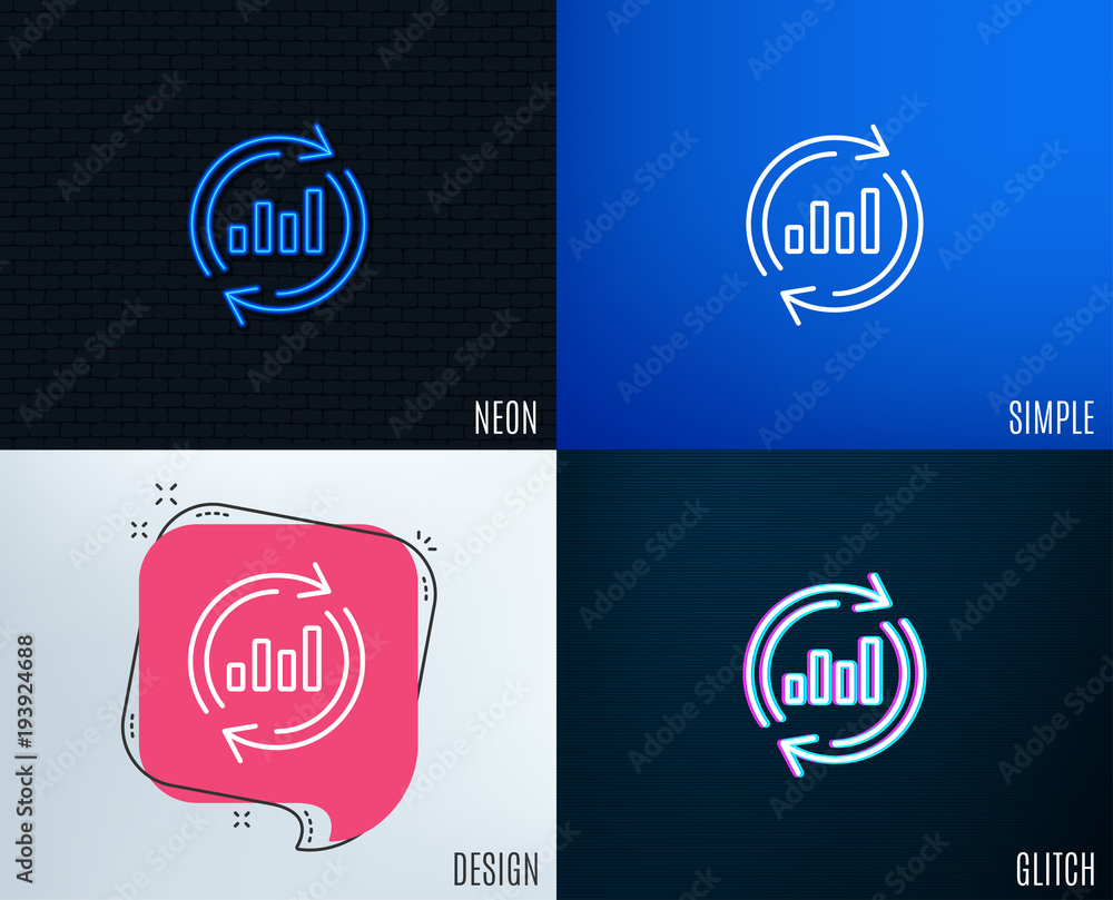 Aufkleber Glitch, Neon effect. Chart line icon. Update Report graph or Sales growth sign. Analysis and Statistics data symbol. Trendy flat geometric designs. Vector