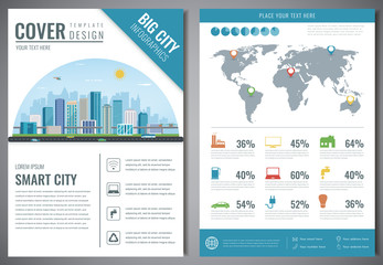 Smart city brochure with infographic elements. Template of magazine, poster, book cover, banner, flyer. Big city life concept. Vector