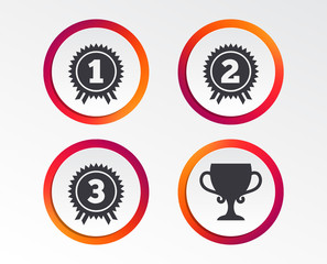 First, second and third place icons. Award medals sign symbols. Prize cup for winner. Infographic design buttons. Circle templates. Vector