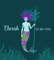 Cherish your inner mermaid, artsy siren with triton, eps10 vector
