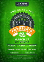 Typography poster or flyer template for St. Patricks day party. Vintage beer label on the green background with light effects