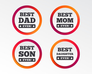 Best mom and dad, son and daughter icons. Awards with exclamation mark symbols. Infographic design buttons. Circle templates. Vector