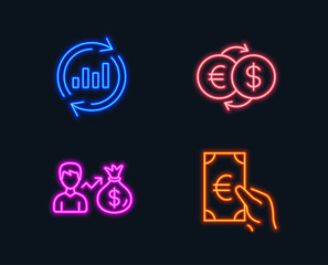 Neon lights. Set of Update data, Sallary and Money exchange icons. Finance sign. Sales chart, Person earnings, Eur to usd. Eur cash.  Glowing graphic designs. Vector