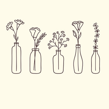 Set of cute hand drawn flowers in bottles