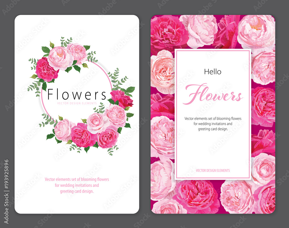 Wall mural beautiful pink roses flower background template. vector set of blooming floral for wedding invitatio