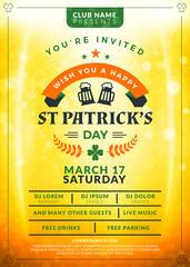 Saint Patricks Day celebration. Typography poster or party flyer template. Vintage beer label on the golden background with light effects