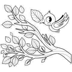 Bird and a tree branch with leaves. Vector black and white coloring page.