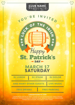 Saint Patricks Day celebration. Typography poster or party flyer template. Vintage beer label on the golden background with light effects