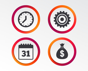 Business icons. Calendar and mechanical clock signs. Dollar money bag and gear symbols. Infographic design buttons. Circle templates. Vector