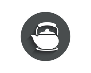 Teapot simple icon. Hot drink sign. Fresh beverage in kettle symbol. Circle flat button with shadow. Vector