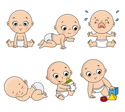 Baby set in different poses such as standing, sitting, crying, playing, crawling. vector isolated