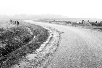 Naklejka premium Empty country road in the fog. The Netherlands.Texel Island. Black and white image.