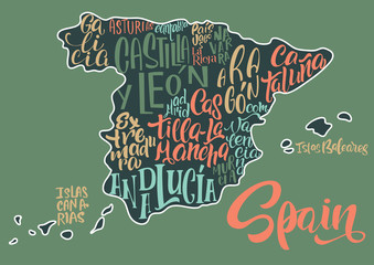 Silhouette of the map of Spain with hand-written names of regions, provinces - Catalonia, Andalusia, Galicia, etc. Handwritten lettering on the background of Spain map.