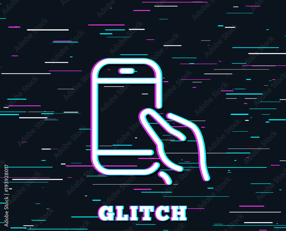 Poster glitch effect. hold smartphone icon. give cellphone or phone sign. ð¡ommunication mobile device symb