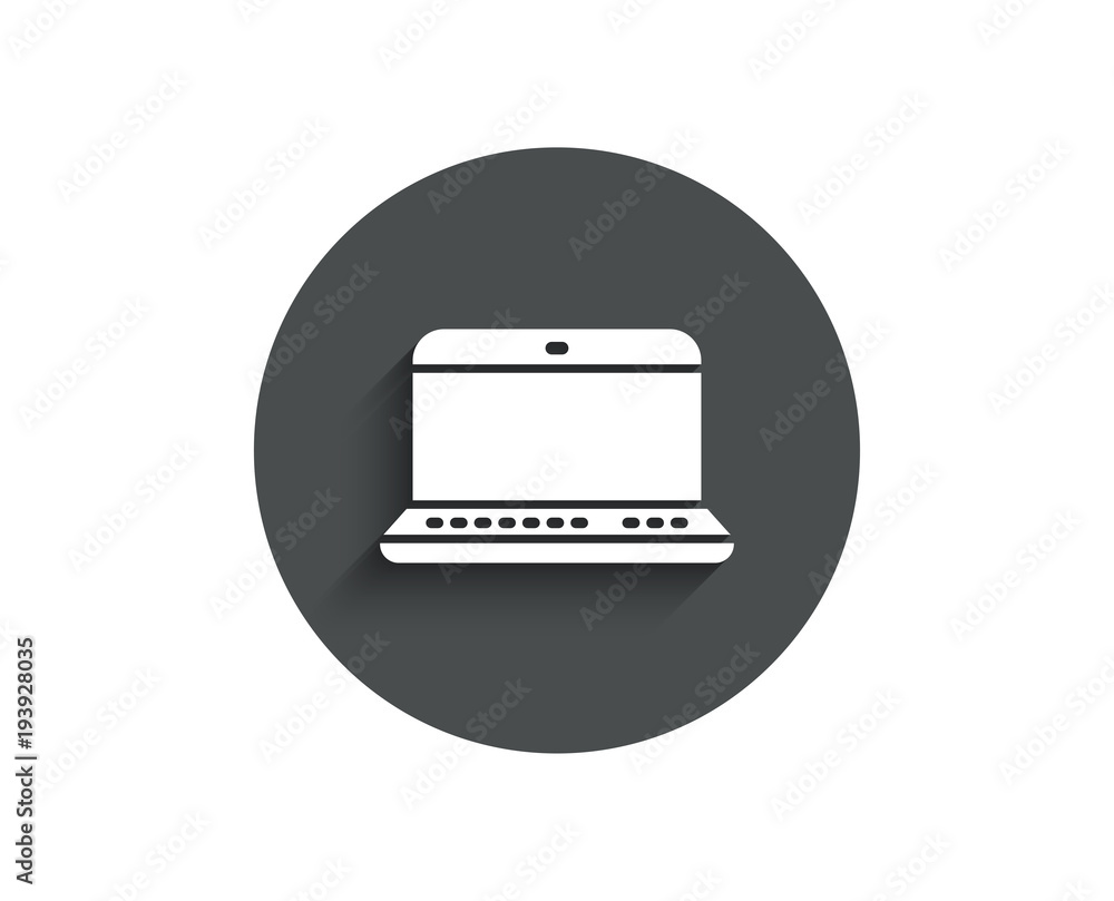 Poster laptop computer icon. notebook sign. portable personal computer symbol. circle flat button with shad