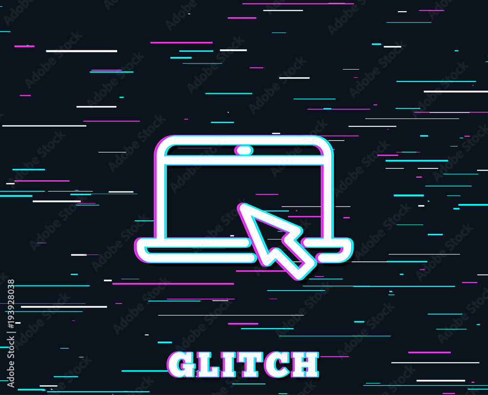 Poster glitch effect. laptop computer icon. notebook with mouse cursor sign. portable personal computer sym