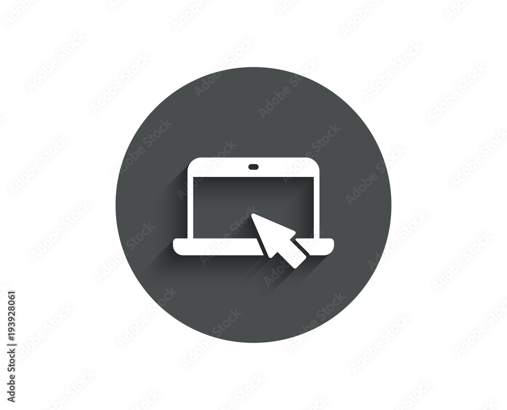 Poster laptop computer icon. notebook with mouse cursor sign. portable personal computer symbol. circle fla