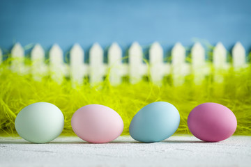 Colored Easter eggs, green grass, white wooden fence on blue background