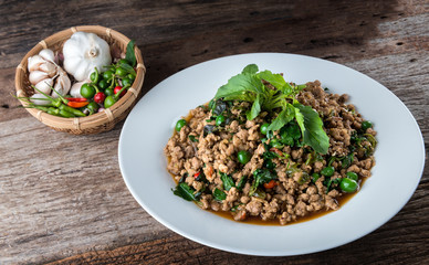 Spicy pork with basil Thai style.
