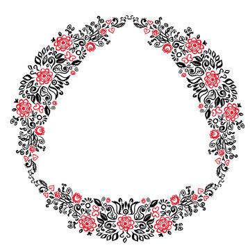 Beautiful card with a round summer wreath of different flowers folk art floral ornament Vintage elegant wedding invitation Red Black isolated on white background. Vector