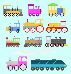 Cartoon toy train vector railroad and cartoon carriage game fun leisure joy gift locomotive transportation.