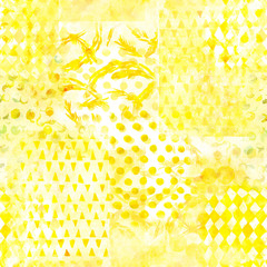 An abstract patchwork seamless watercolor pattern in faded yellow