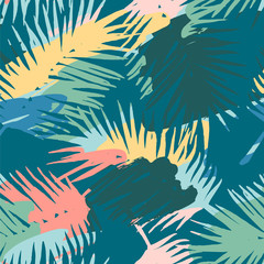 Fototapeta na wymiar Seamless exotic pattern with tropical plants and artistic background