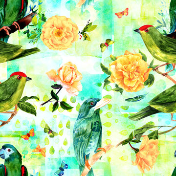 Seamless pattern with watercolor bird, roses, and patchwork