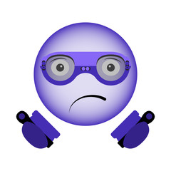 Vector image of a frustrated smiley in virtual reality glasses with a controller in hands in the ultraviolet color.